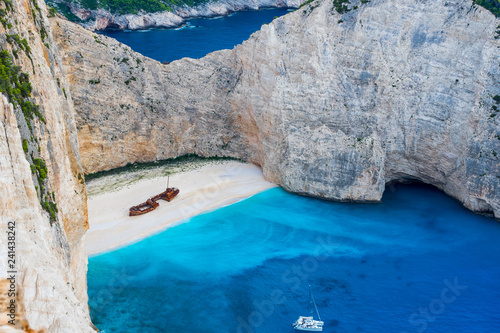 Greece, Zakynthos, Famous landmark of shipwreck beach or navagio beach - a magic bay