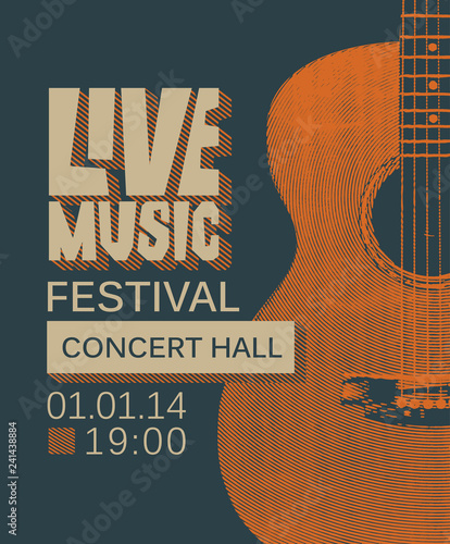 Vector banner or poster for live music festival with guitar in retro style on the dark background