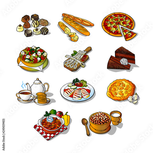 European cuisine, typical food, pizza, baguette, goulash, icon set