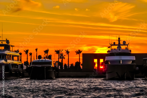 Marina with boats and palm trees on the background of a bright orange sunset on the sea