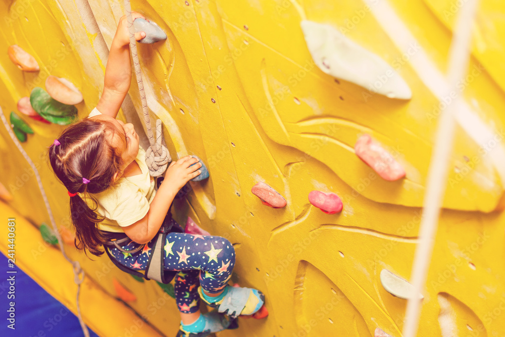 Girl wearing in harness and safety equipment climbing on practical wall