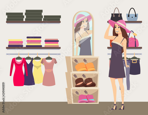 Woman Shopping in Boutique Trying on Hat Vector