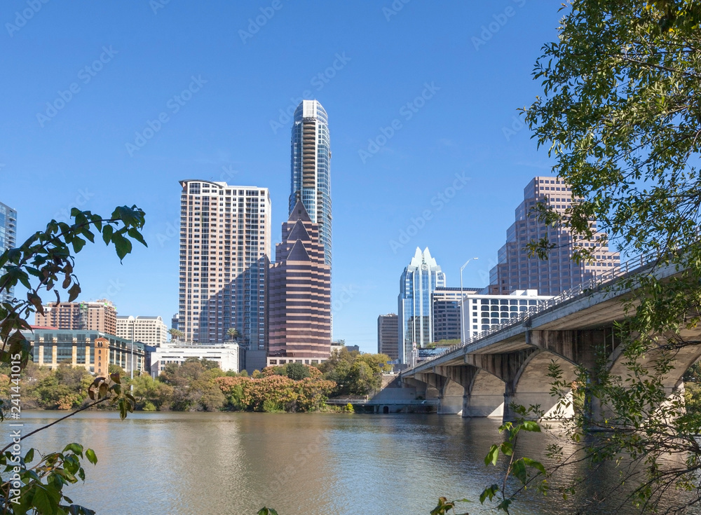 Austin, Texas cityscape seen from South Congress Avenue Bridge and Lady Bird Lake on the Colorado River.