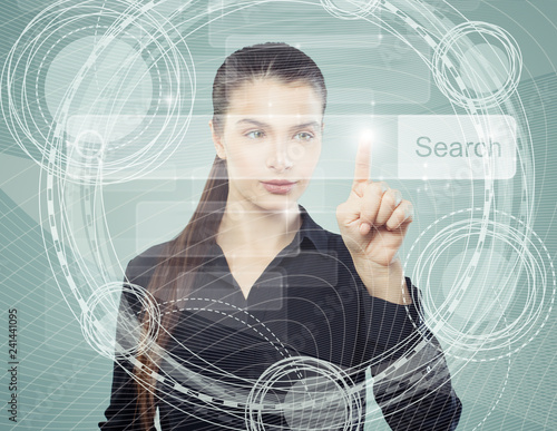 Smart business woman pointing to empty address bar in virtual web browser. Seo, internet marketing or distance learning concept