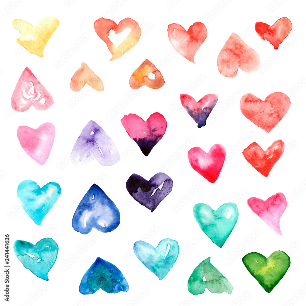 Valentine day watercolor hearts, 25 different hearts, set