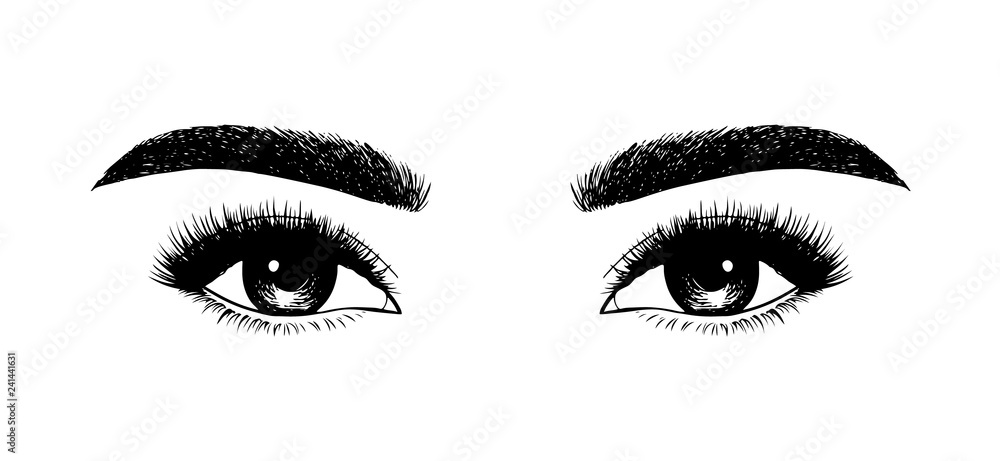 Woman eyes with long eyelashes. Hand drawn vector illustration. Eyelashes and eyebrows. Сoncept of eyelash extensions, microblading, mascara, beauty salon. Black eyes. Beauty and Fashion.