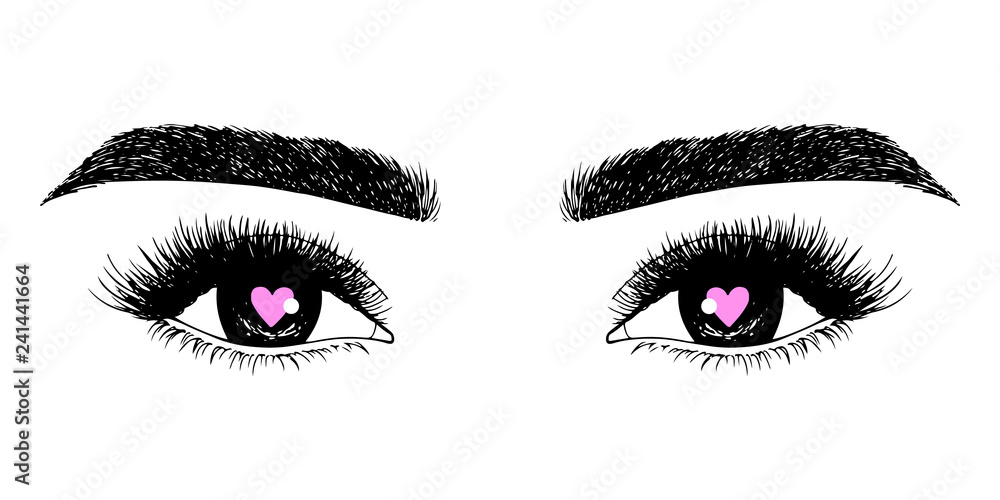 Woman eyes with hearts. Hand drawn vector illustration. Eyelashes and eyebrows. Сoncept of eyelash extensions, microblading, mascara, beauty salon. Black eyes. Beauty and Fashion. Valentine's Day. Woman eyes with hearts. Hand drawn vector illustration. Eyelashes and eyebrows. Сoncept of eyelash extensions, microblading, mascara, beauty salon. Black eyes. Beauty and Fashion. Valentine's Day.