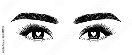 Woman eyes with hearts. Hand drawn vector illustration. Eyelashes and eyebrows. Сoncept of eyelash extensions, microblading, mascara, beauty salon. Black eyes. Beauty and Fashion. Valentine's Day.