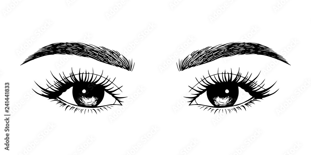 Woman eyes with long eyelashes. Hand drawn vector illustration. Eyelashes and eyebrows. Сoncept of eyelash extensions, microblading, mascara, beauty salon. Black eyes. Beauty and Fashion. Woman eyes with long eyelashes. Hand drawn vector illustration. Eyelashes and eyebrows. Сoncept of eyelash extensions, microblading, mascara, beauty salon. Black eyes. Beauty and Fashion.