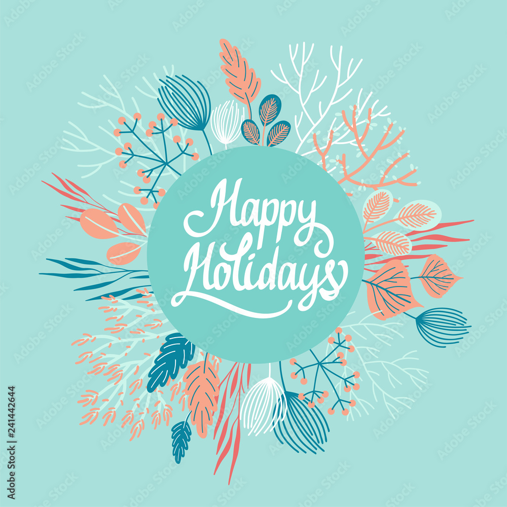 Fototapeta Floral wreath. Vector illustration. Gentle mint background of branches, berries and leaves. Happy Holidays.