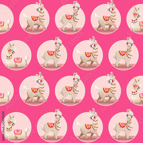 Illustration with alpaca and cactus plants. Vector seamless pattern on pink background. Llama.