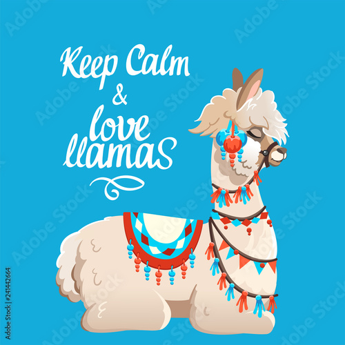 Illustration with llama and cactus plants. Vector seamless pattern on blue background. Greeting card with Alpaca.