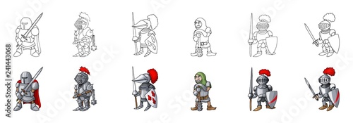 Set of medieval knight characters cartoon style vector illustration