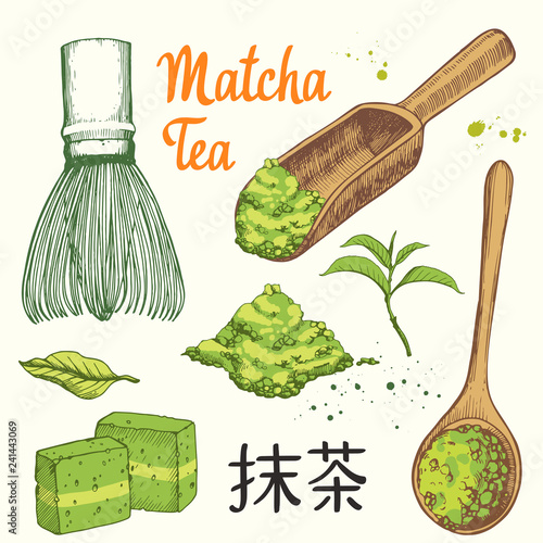 Japanese ethnic and national tea ceremony. Matcha. Traditions of teatime. Decorative elements for your design. Vector Illustration with party symbols on white background.