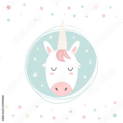 Unicorn hand drawn face. Vector character.