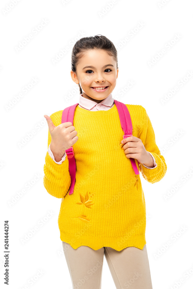 adorable child showing thumb up sign and holding pink backpack straps isolated on white adorable child showing thumb up sign and holding pink backpack straps isolated on white