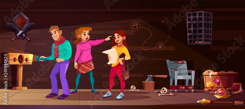 Vector cartoon background for game, quest with people in medieval torture hall. Escape room with guy and girls. Man with flashlight searches out the exit. Scaffold, torment chair and bones on floor.