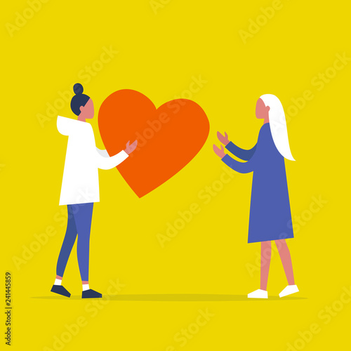 Saint Valentines Day. Lesbian couple. LGBTQ. One young female character sending a big red heart to another. Relationships. Love. Romance. Emotions. Flat editable vector illustration, clip art
