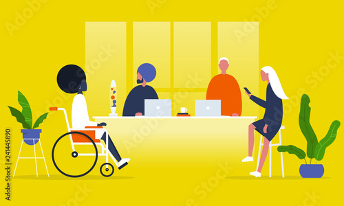 Office life. Diversity collective. Startup. Millennials at work. Generation z. Technologies. Project management. Flat editable vector illustration, clip art