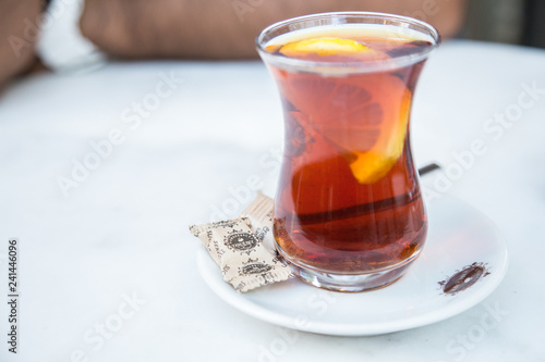 Cup of hot turkish tea in Istanbul
