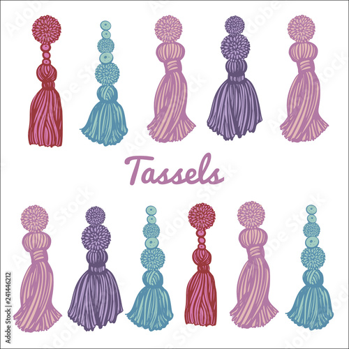 set of beautiful multi-colored tassels on white background. Vector illustration