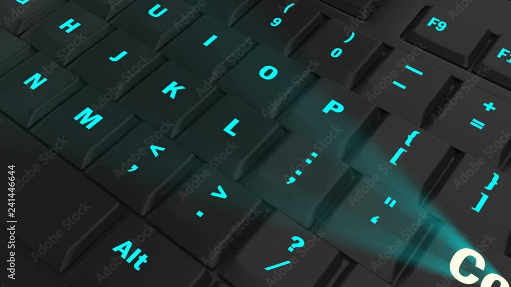 pointing the camera on blue glowing Coach key on black computer keyboard pointing the camera on blue glowing Coach key on black computer keyboard