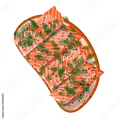 Sandwich with slices of salmon and dill on a white background. Vector illustration of delicious appetizing snacks with sea food.