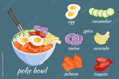 Isometric White round poke bowl with salmon, avocado, rice and onion ring, tomato on a white background. Trend Hawaiian food. Vector illustration of healthy food.