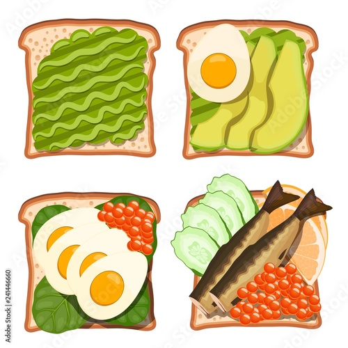 Set of toasts with various wholesome food products: egg, avocado, caviar, sprat, spinach, caviar, cucumber, lemon.  Healthy food on white bread. Vector illustration of sandwiches