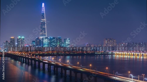 Night Time Lapse Of Traffic in Seoul City And Lotte Tower, South Korea. ProRes 422 in 4k