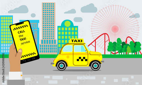 Taxi service. Yellow taxi cab. Hands with smartphone and taxi application, city silhouette with skyscrapers and tower, sky with clouds.