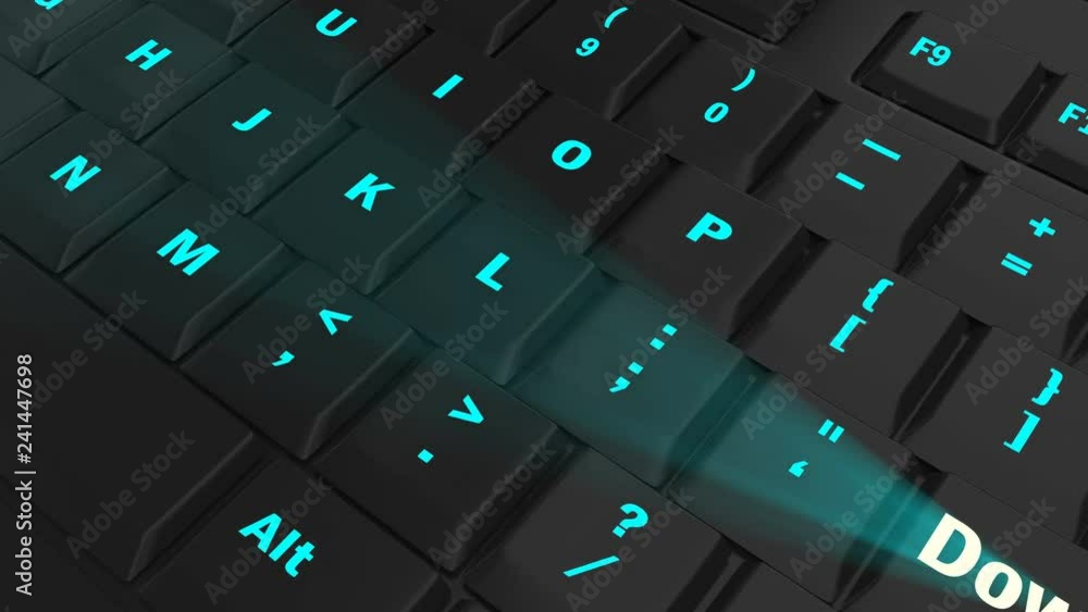 pointing the camera on blue glowing Download key on black computer keyboard pointing the camera on blue glowing Download key on black computer keyboard