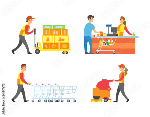 Supermarket Working People and Client Set Vector