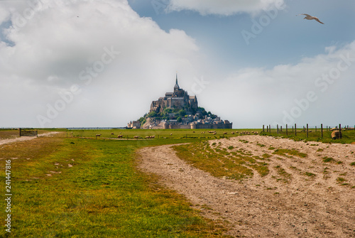  Le Mont Saint Michelewith blue sky and clouds, Normandy, northern France