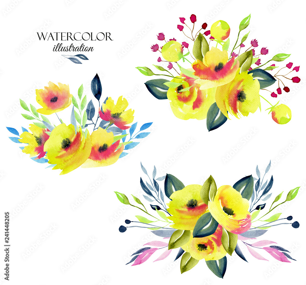 Yellow roses, branches and leaves bouquets collection, watercolor illustration