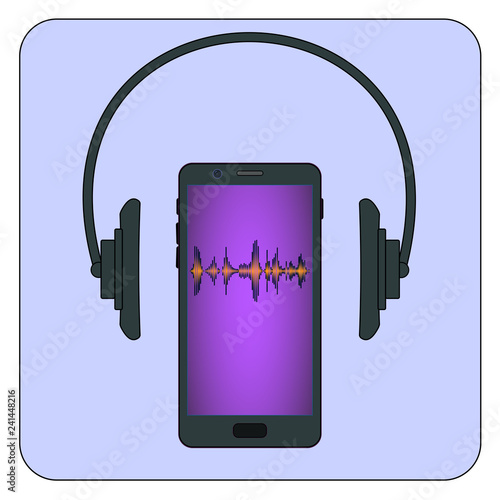 flat vector violet mobile phone with headphones on the blue background