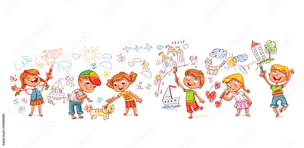 Kindergarten. Boys and girls drawing pictures scribbles on the walls Kindergarten. Boys and girls drawing pictures scribbles on the walls