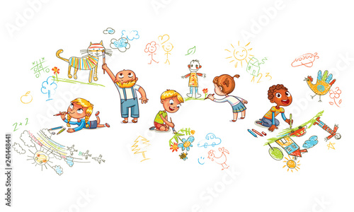 Children of different nationality draw pictures on walls and floor