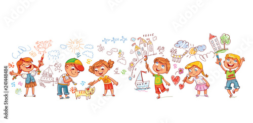 Kindergarten. Boys and girls drawing pictures scribbles on the walls