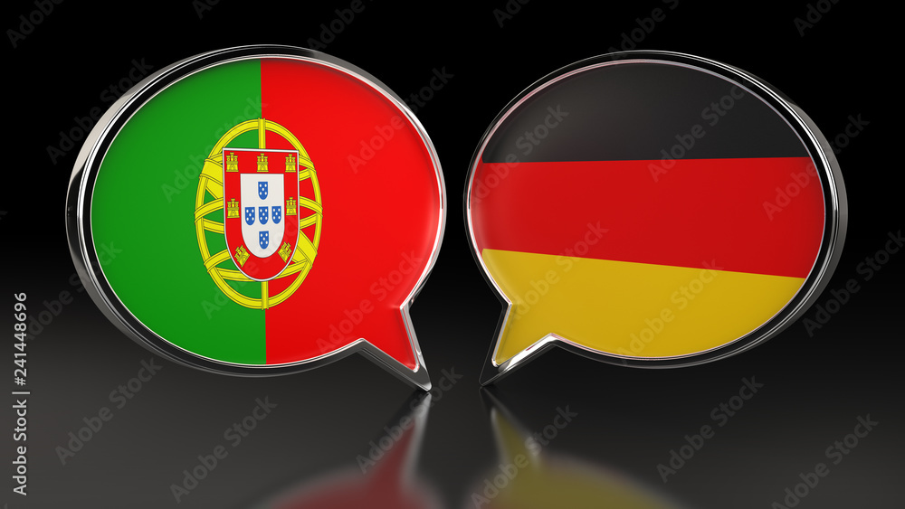 Portugal and Germany flags with Speech Bubbles. 3D illustration