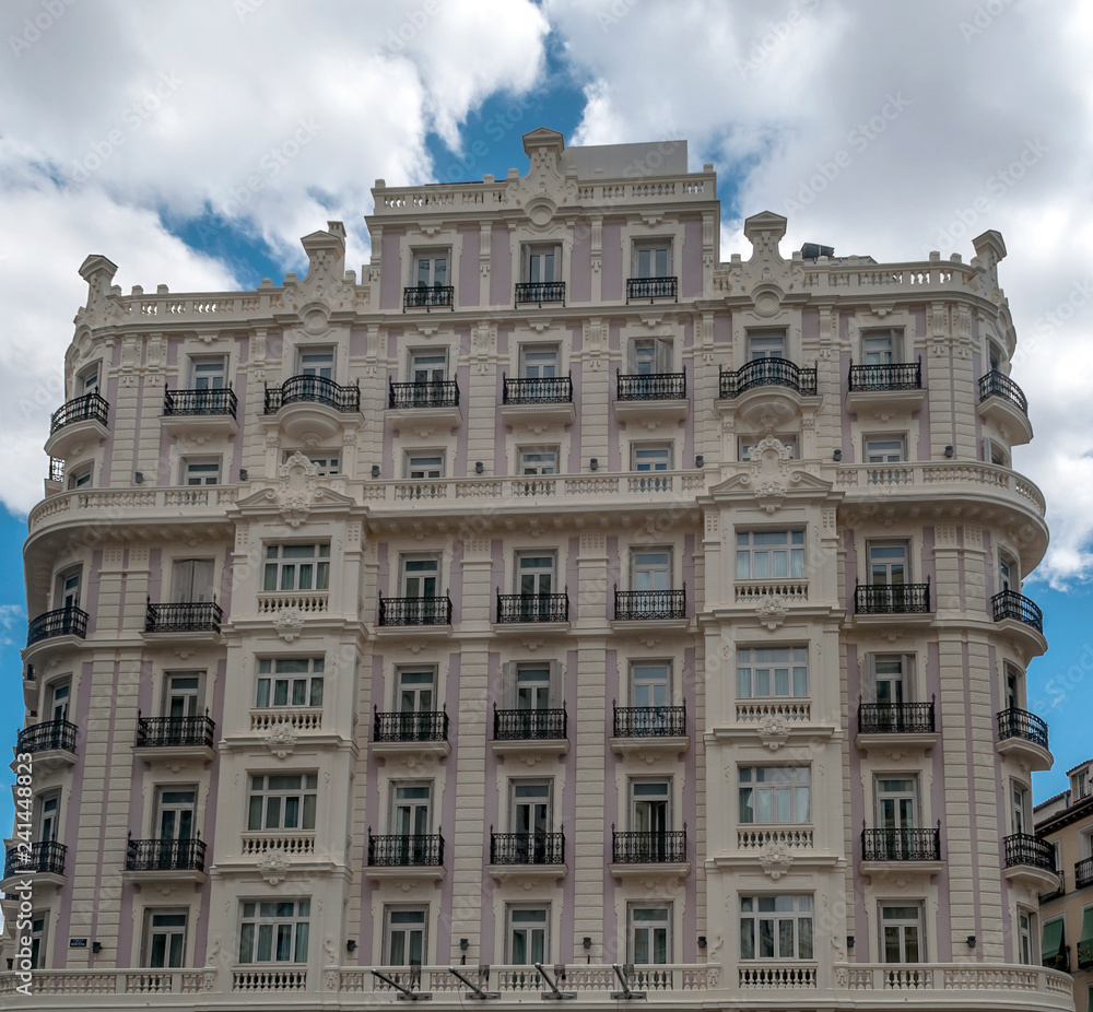 Facades of neclassic buildings in Madrid, the capital of Spain