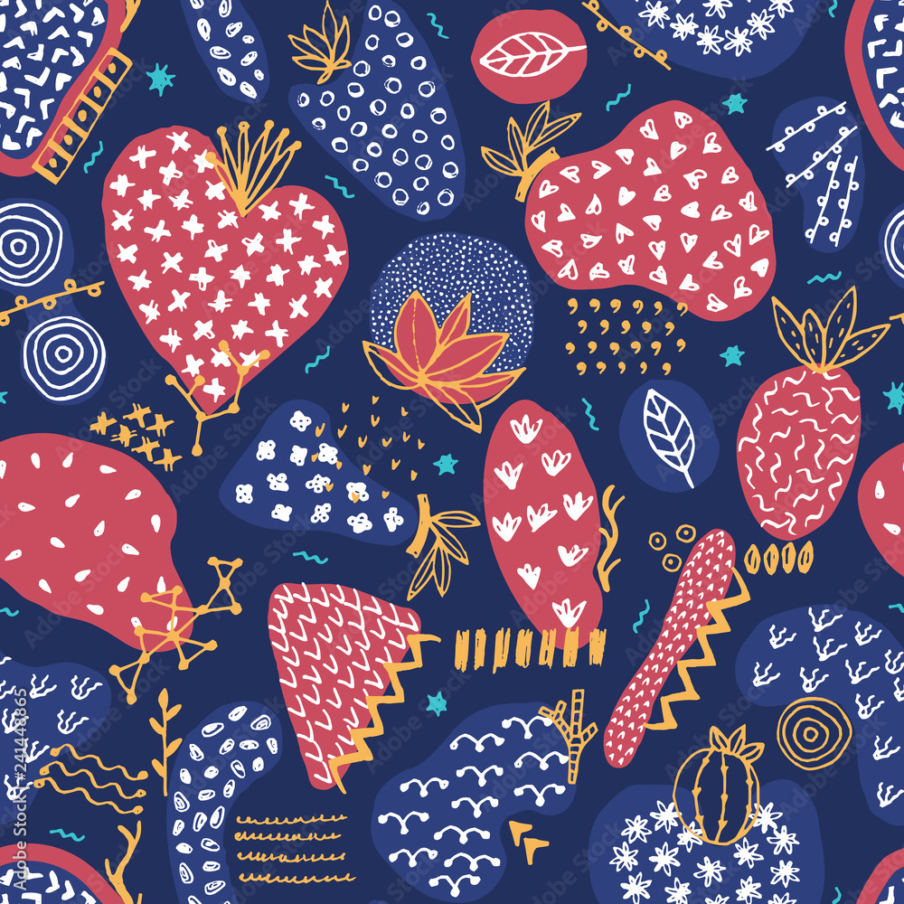 Vector seamless pattern with hand drawn abstract shapes. Spotted and textured figures. Unique design. Creative background. Applique. Freehand style. Wallpaper, textile, wrapping, print on clothes Vector seamless pattern with hand drawn abstract shapes. Spotted and textured figures. Unique design. Creative background. Applique. Freehand style. Wallpaper, textile, wrapping, print on clothes