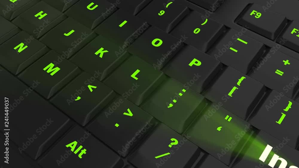 pointing the camera on green glowing Install key on black computer keyboard pointing the camera on green glowing Install key on black computer keyboard