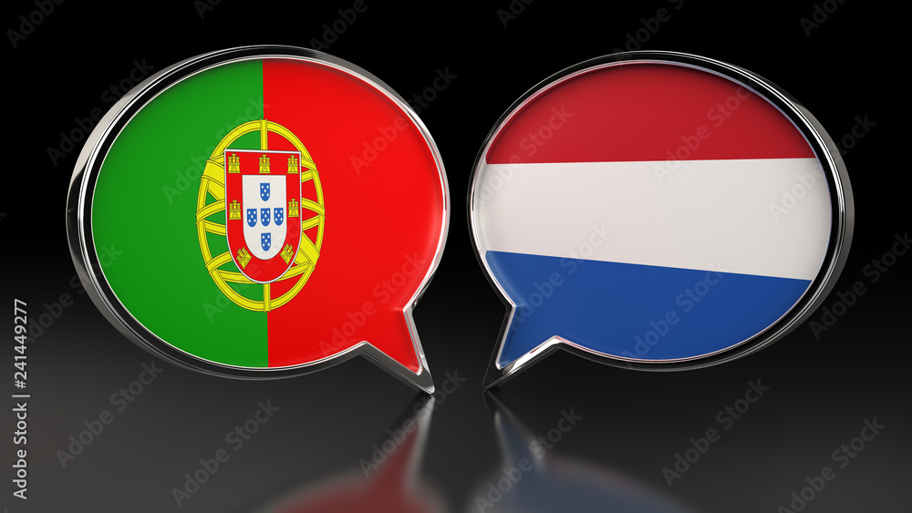 Obraz premium Portugal and Netherlands flags with Speech Bubbles. 3D illustration
