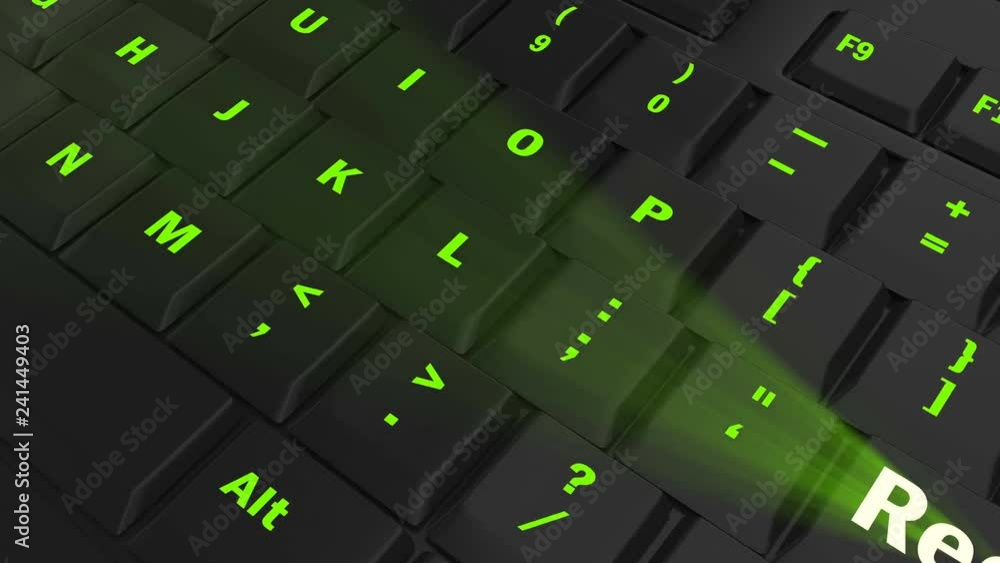 pointing the camera on green glowing Recruit key on black computer keyboard pointing the camera on green glowing Recruit key on black computer keyboard