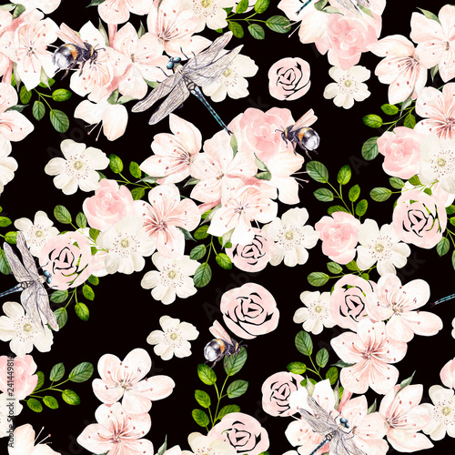 Beautiful watercolor pattern  with pink spring flowers and dragonfly, bee.