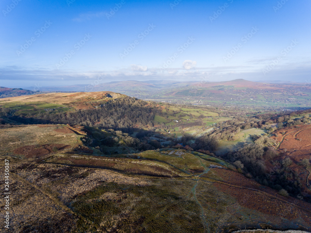 Aerial view of Brecon Beacons. Near Keepers Pond, The Blorenge, Abergavenny, Wales, United Kingdom