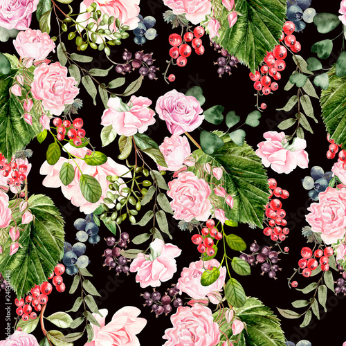 Beautiful watercolor pattern with peony and rose flowers, currant berries, bl...