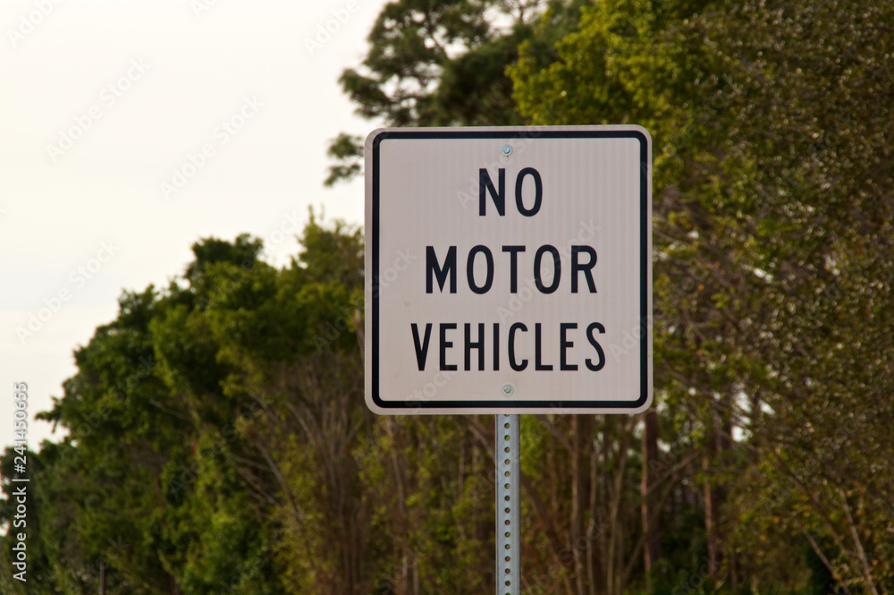 Close up of a no motor vehicles sign in front of trees.