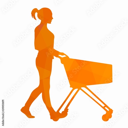 illustration of a shopping woman with a cart , vector draw